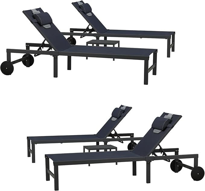 PURPLE LEAF Outdoor Tanning Lounge Chair Set with Face Hole Aluminum Adjustable Chairs Wheels Pillows and Table for Poolside Beach Patio Reclining Sunbathing Lounger Navy Blue
