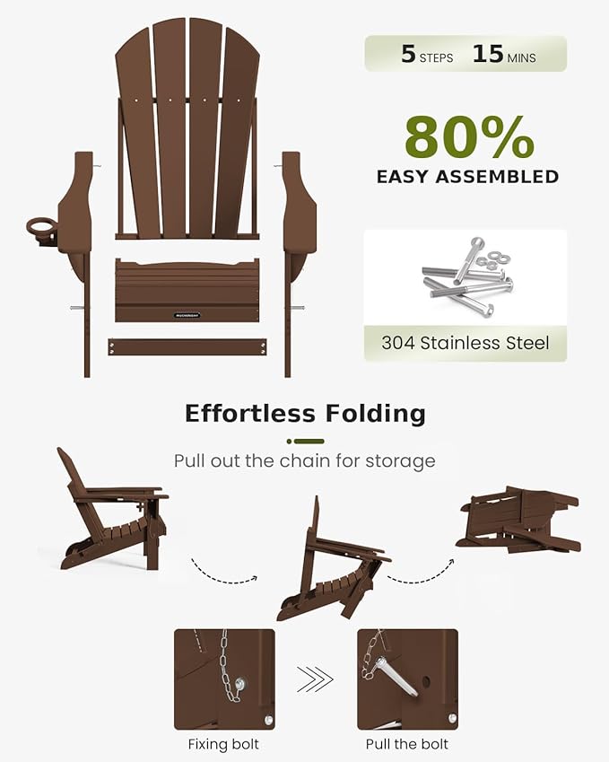 MUCHENGHY Folding Adirondack Chairs, Patio Chairs, Lawn Chairs, Outdoor Chair, Adirondack Chair Plastic, Fire Pit, Weather Resistant with Cup Holder for Deck, Backyard, Garden(Brown)