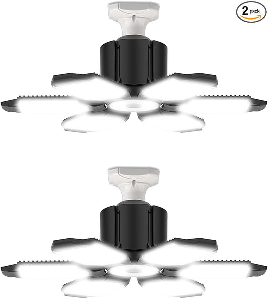 Garage Light 100W with 6 Adjustable Panels, E26/E27 Screw in Garage Lights Ceiling Led for Barn Attic Warehouse-2 Pack
