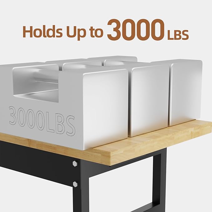 60'' Adjustable Workbench, Solid Wood Work Bench Table with Wheels and Power Outlet, Rolling Workbench Large Load Capacity Garage Workbench for Workshop,Office,Home
