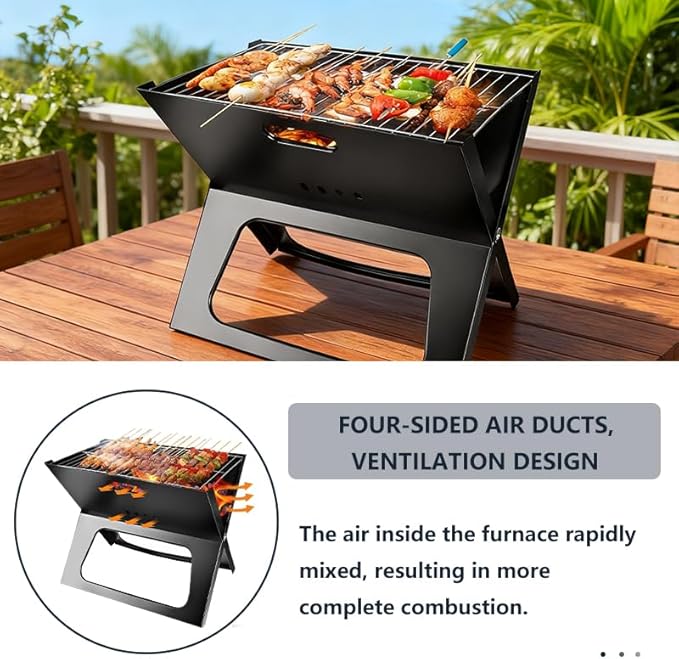 Protable Folding Barbecue Charcoal Grills,Small Tabletop Charcoal Grill with Stainless Steel Smoker BBQ for Outdoor Barbecues,Camping,Garden,Beach Party,Picnics - Black,kkk