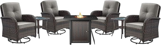 Belord 7-Piece Modern Brown Wicker Patio Conversation Set - 4 Swivel Glider Chairs, 2 Side Tables & 30" 50,000 BTU Propane Fire Pit Table