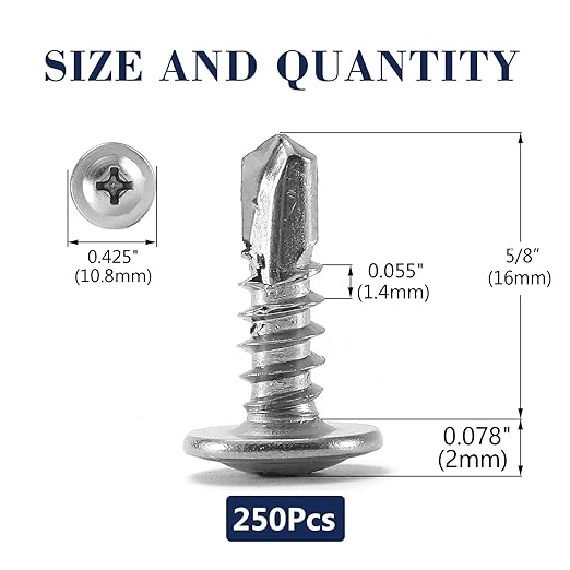 #8 x 5/8" Sheet Metal Screws 250PCS 410 Stainless Steel Truss Head Fast Self Tapping Screws by SG TZH