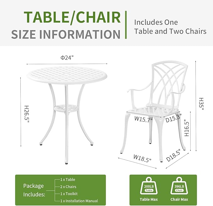 Cast Aluminum Bistro Table and Chairs Set of 2 with 1.97" Umbrella Hole,Weather Resistant 3 Piece Bistro Patio Set Outdoor Patio Furniture Set for Front Porch,Garden,Woven White