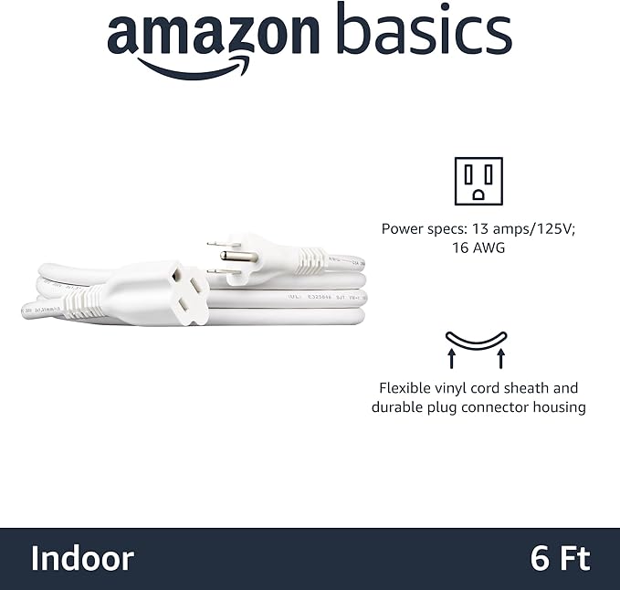 Amazon Basics Extension Cord, 6 Ft, 3 Prong Outlet Extender, Indoor Extension Cord, 13 Amps, 125V, White