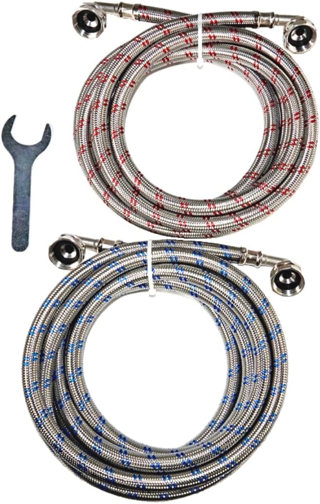 Washing Machine Hoses (12 FT) - Double 90° Elbow to Fit Tight Spaces - OCTAGON Connections for Easy & Secure Tightening - Burst Proof Water Supply Line (2 Pack) - Universal Fit to All Wash Machines
