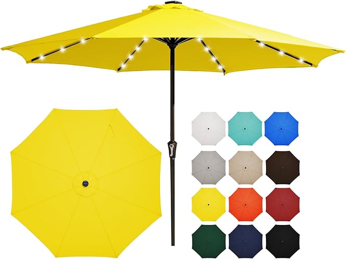 JEAREY 11' Lighted Patio Umbrellas Outdoor Solar Table Market Umbrella w/Crank, 8 Sturdy Ribs, UV Protection Waterproof Sunproof(Yellow)