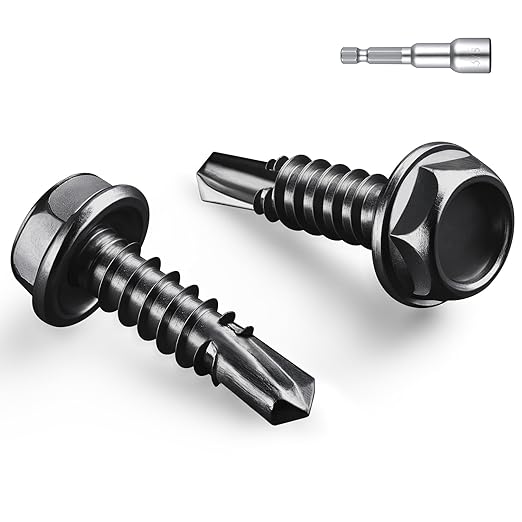 #14 x 3/4 Inch Self Drilling Screws, (70pcs) 1 lbs Black Self Tapping Screws for Metal, 410 Stainless Steel Hex Washer Head Sheet Metal Screw