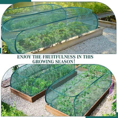 Threehoney 4 Pcs 39" x 18" x 16" Pop up Garden Mesh Plant Cover Outdoor Plant Protector Garden Row Raised Bed Cover with Ground Nails Crop Cage Net for Seedlings Vegetable Fruit Herbs (Dark Green)