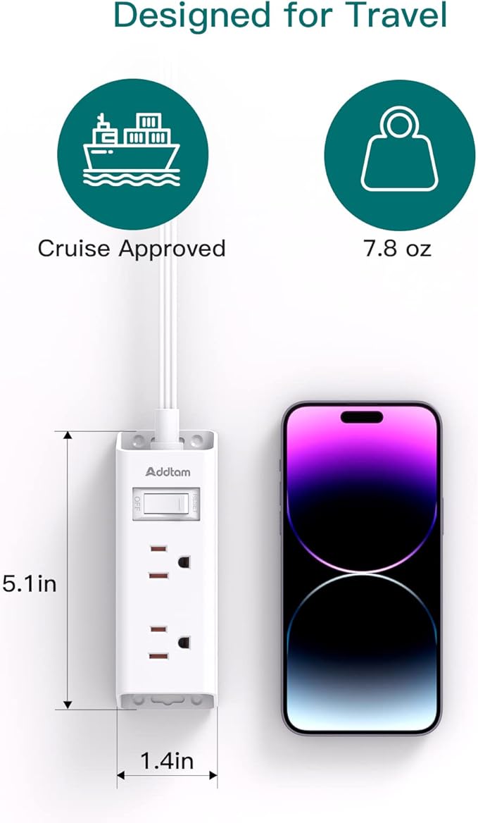 Cruise Essentials, Addtam 6 ft Ultra Flat Extension Cord with 6 Outlets Extender, Flat Plug Power Strip, No Surge Protector for Cruise Ship, Travel, Dorm, Home Office, ETL Listed