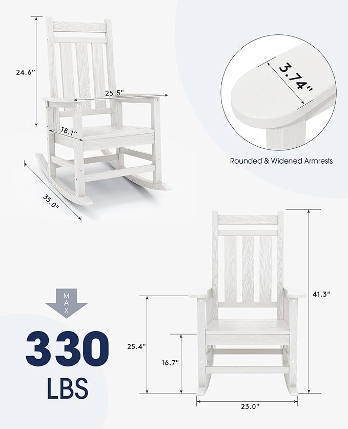 KINGYES Outdoor Rocking Chair Set of 2, All-Weather Patio Rocking Chairs for Porch, HDPE Rocking Outdoor Chairs with High Back for Adult, Heavy Duty Outdoor Patio Rockers for Garden, Lawn, White