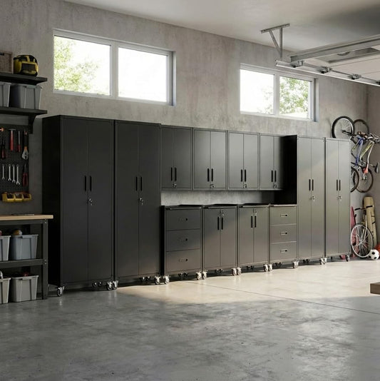 12-Piece Heavy Duty Steel Garage Cabinet System | All-in-One Modular Garage Cabinet Set for Ultimate Workshop Organization | Easy Assembly Garage Storage Cabinets & Tool Bench (Black)