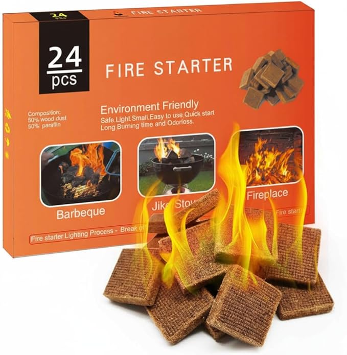 Wood Fire Starters Cubes - 24 Squares Natural Firestarter for Fireplace Stove Camping Pit Grill Campfires BBQ and Indoor Outdoor Use