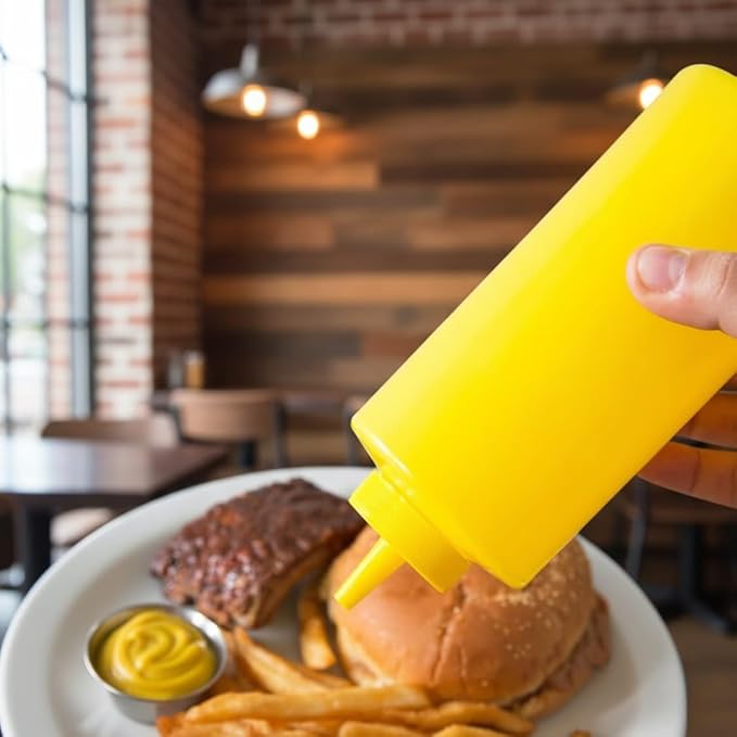 TrueCraftware- 24 oz Yellow Squeeze Condiment Wide Mouth Dispensing Bottles Set of 6- Plastic Squeeze Bottle For Sauces Spreads Ketchup Mustard Mayo Hot sauces and Olive oil