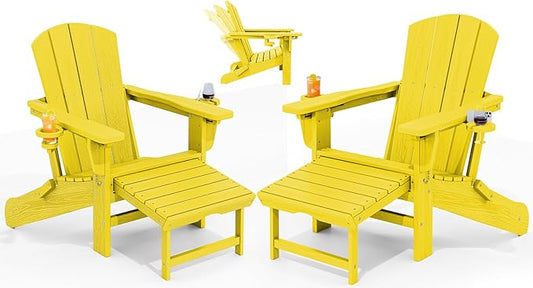KINGYES Folding Adjustable Adirondack Chair with Ottoman & 2 Cup Holders Set of 2, HDEP Multifunctional Adirondack Chair with Footrest, Yellow