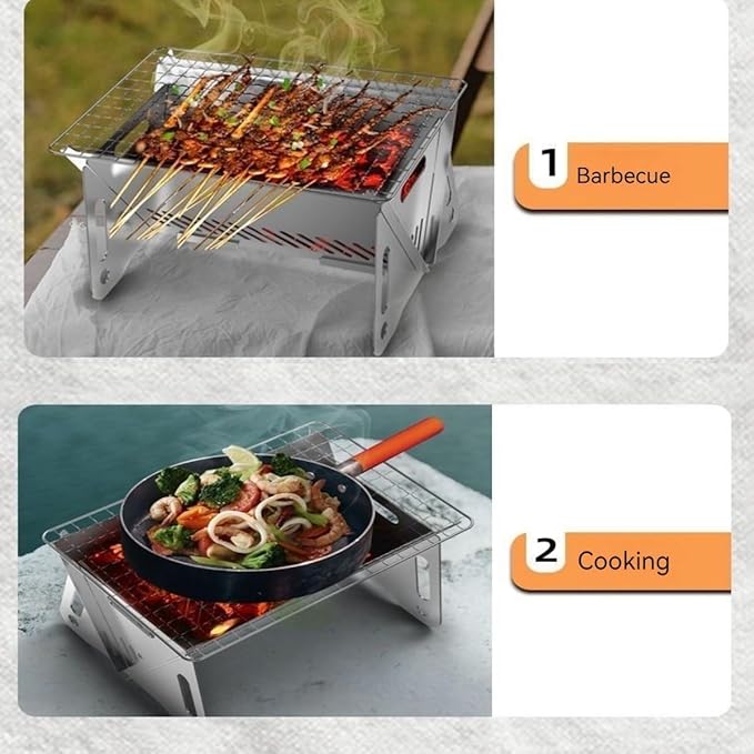 Portable Folding BBQ Grill for 1-2 People - Mini Charcoal Grill for Camping, Compact Stainless Steel Fire Pit with Carry Bag, Comes with 10 barbecue skewers and a silicone brush (8.2X5.5 IN)