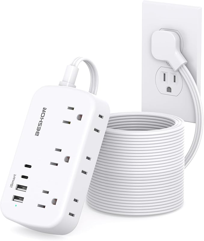 Flat Plug Extension Cord, Power Strip 25FT, 6 Outlets with 4 USB Ports(2 USB C), Wall Mount Charging Station, No Surge Protector for Home Office College Dorm Room Travel Essentials