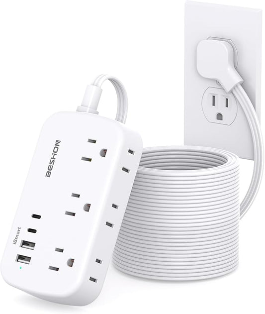 Flat Plug Extension Cord, Power Strip 25FT, 6 Outlets with 4 USB Ports(2 USB C), Wall Mount Charging Station, No Surge Protector for Home Office College Dorm Room Travel Essentials