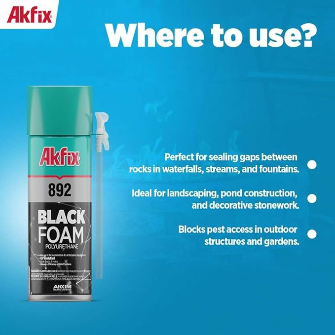 Akfix 892 Black Spray Foam Sealant (12x12 Oz.) - UV Resistant Polyurethane Expanding Spray Foam Insulation, Waterproof, Ideal for RV, Pond, Waterfall and Landscape Applications | 12 Oz. 12 Pack