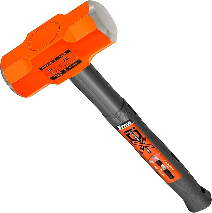 Titan iDX 63618 8lb Sledge Hammer with 16" Indestructible Handle Reinforced with Steel Locking Plates & Steel Bars, Vulcanized Rubber Grip, Oevrstrike Protection