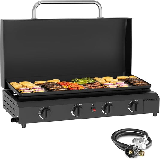 SKOK 4 Burner Gas Griddle with Hood- 30 Inch Outdoor Propane Griddle-60000 BTU Propane Fuelled, Portable Flat Top Gas Grill Camping Griddle with Lid