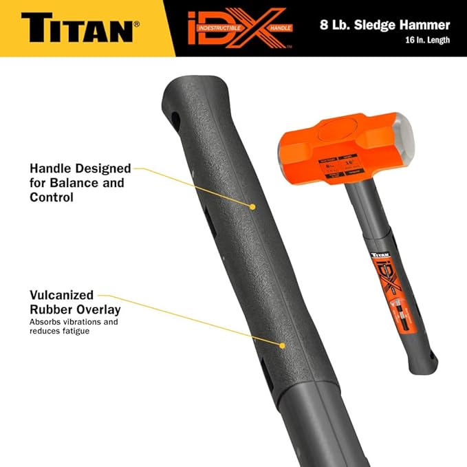 Titan iDX 63618 8lb Sledge Hammer with 16" Indestructible Handle Reinforced with Steel Locking Plates & Steel Bars, Vulcanized Rubber Grip, Oevrstrike Protection