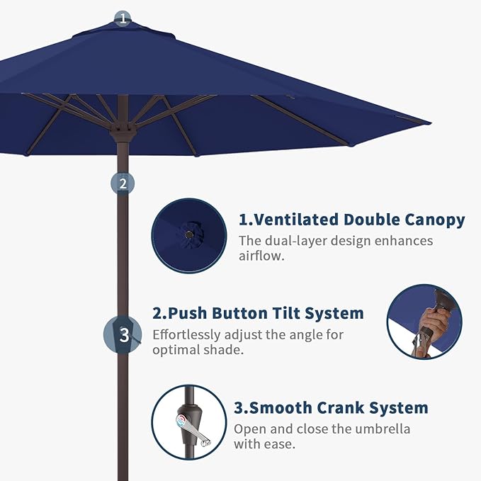 10FT Patio Umbrella Outdoor Market Umbrella with Crank and Tilt, 8 Flexible Fiberglass Ribs, UV-Resistant Waterproof Canopy for Patio, Deck, Garden, Backyard, Navy Blue