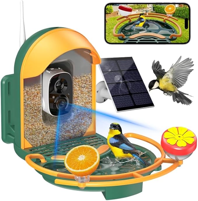 Bird Feeder with Camera, Smart Birdfeeder with Cam Solar Powered, 2K HD Video, AI Identification, Instant Arrival Alerts, IP66 Bird Bath & Feeder,Gift for BirdLover (with BirdBath, Dark Green)
