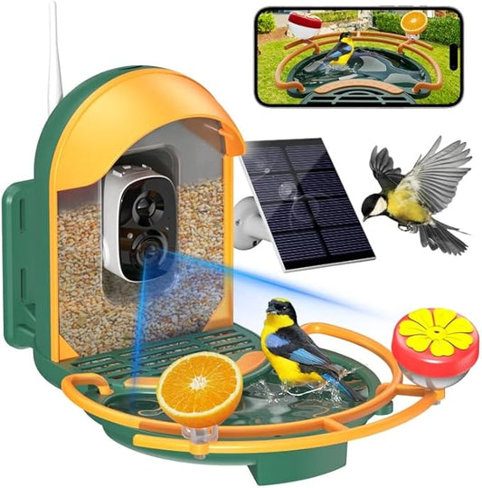 Bird Feeder with Camera, Smart Birdfeeder with Cam Solar Powered, 2K HD Video, AI Identification, Instant Arrival Alerts, IP66 Bird Bath & Feeder,Gift for BirdLover (with BirdBath, Dark Green)