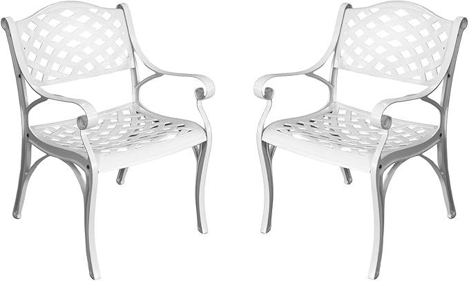 2 Piece Patio Chairs Cast Aluminum Outdoor Dining Chair with Armrests, Metal 2 Piece Patio Bistro Chair with Adjustable Feet, Wrought Iron Bistro Patio Dining Chair for Garden,Set of 2 White