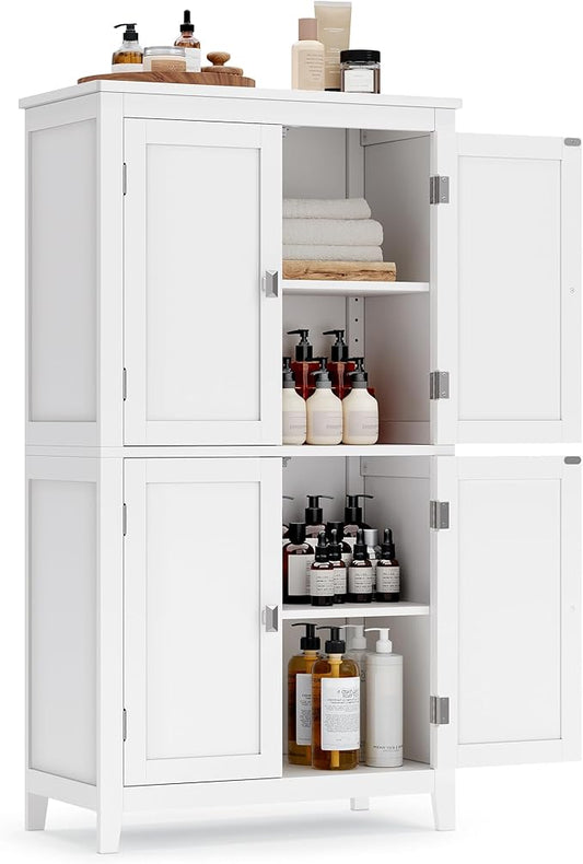 VASAGLE Floor Storage Cabinet, Freestanding Storage Unit with 4 Doors, Adjustable Shelves, 11.8 x 23.6 x 43.3 Inches, for Entryway, Bathroom, White UBBC552P31