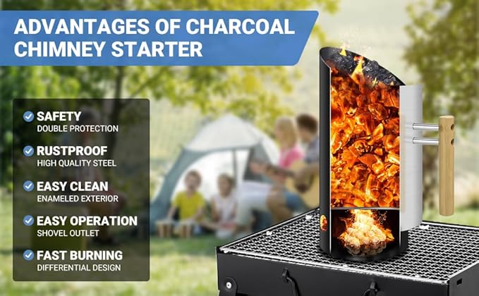 Thickened Durable Charcoal Chimney Starter with 24PCS Firelighters BBQ Oven Enamel firepit Starter SS Shelf Wooden Handel with Hex Screw and Tool Sloping Mouth Design Easy Burning and Using