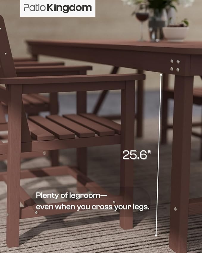 7-Piece Coffee HDPE Patio Table and Chairs Set, Weather Resistant Outdoor HDPE Dining Table Sets with Umbrella Hole for Lawn, Garden, Deck, Poolside, Balcony