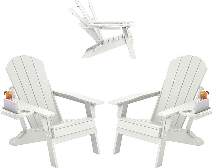 FOOWIN Folding Adjustable Adirondack Chair Set of 2,HDPE Adirondack Chair w/4 in 1 Cup Holder Trays,All-Weather Resistant Fire Pit Chair, Outdoor Chair for Patio Lawn Poolside,400lbs,White