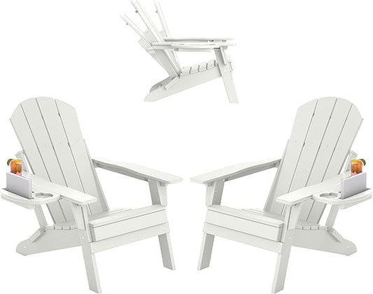 FOOWIN Folding Adjustable Adirondack Chair Set of 2,HDPE Adirondack Chair w/4 in 1 Cup Holder Trays,All-Weather Resistant Fire Pit Chair, Outdoor Chair for Patio Lawn Poolside,400lbs,White