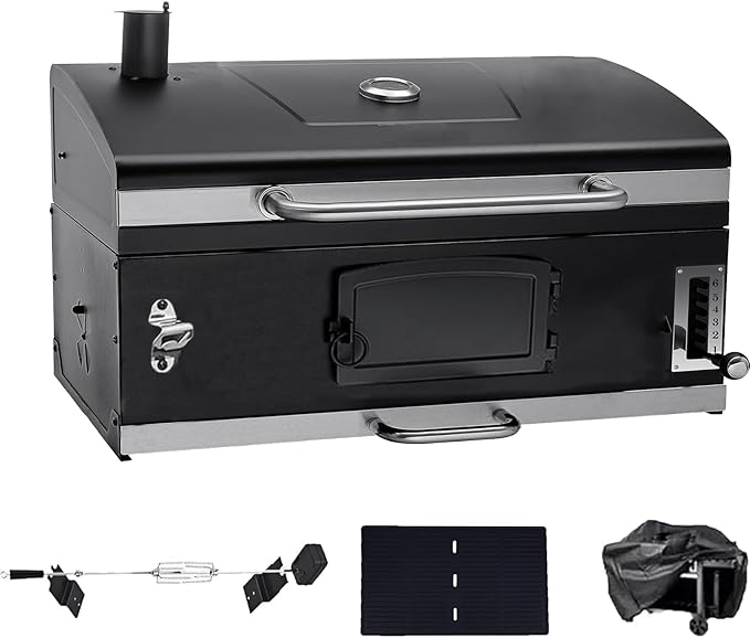 29In Built in BBQ Grills, Large Outside Charcoal Grill with BBQ Fork Kit Liftable Tray & Thermometer, Black Stainless Steel Barbecue Grill for Outdoor Kitchen Cooking Patio Camping Park Style