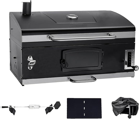 29In Built in BBQ Grills, Large Outside Charcoal Grill with BBQ Fork Kit Liftable Tray & Thermometer, Black Stainless Steel Barbecue Grill for Outdoor Kitchen Cooking Patio Camping Park Style