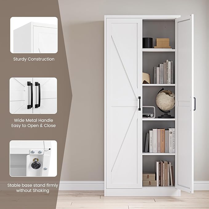 Yizosh Metal Storage Cabinet with Doors and 4 Adjustable Shelves - 75" White Kitchen Pantry Storage,4-Tier Tall Steel Cabinet Locker for Kitchen,Living Room,Dining Room