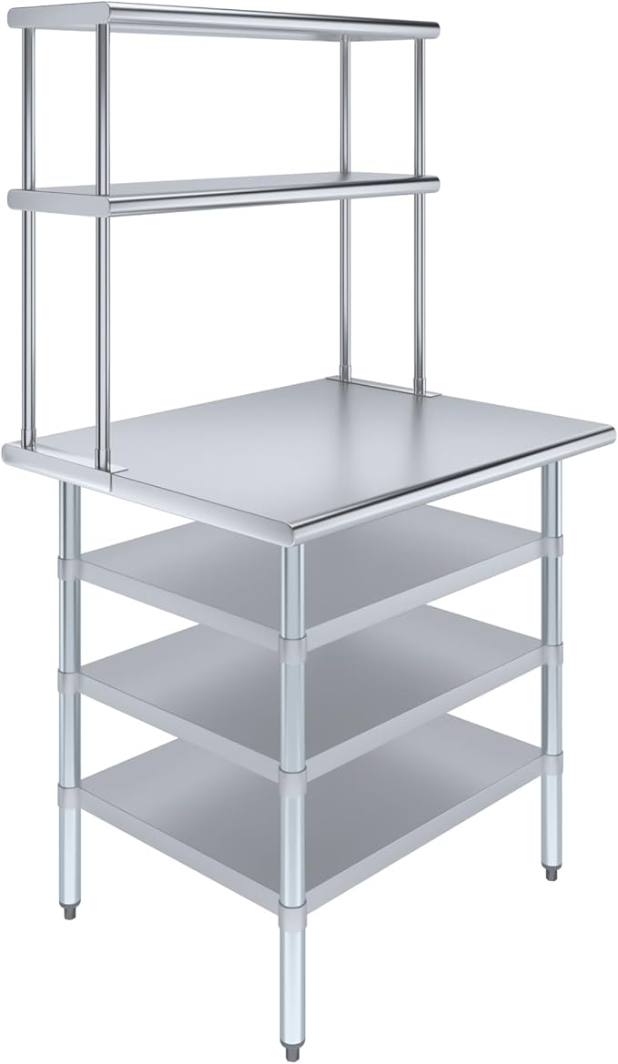Amgood 30" x 36" Stainless Steel Work Table with 3 Shelves and 12" Wide Double Tier Overshelf | Metal Kitchen Prep Table & Shelving Combo | NSF