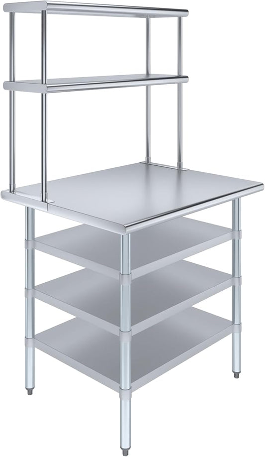 Amgood 30" x 36" Stainless Steel Work Table with 3 Shelves and 12" Wide Double Tier Overshelf | Metal Kitchen Prep Table & Shelving Combo | NSF