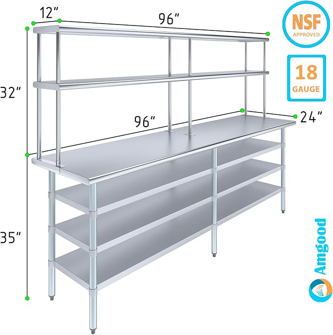 Amgood 24" x 96" Stainless Steel Work Table with 3 Shelves and 12" Wide Double Tier Overshelf | Metal Kitchen Prep Table & Shelving Combo | NSF