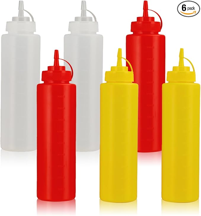 32oz Leak-Proof Sauce Squeeze Bottles- BPA-Free Kitchen & Restaurant Dispensers w/Wide Mouth for Ketchup, Mustard, Syrup, Oil, Dressings Dishwasher Safe (White+Yellow+Red, 32oz-6pack)