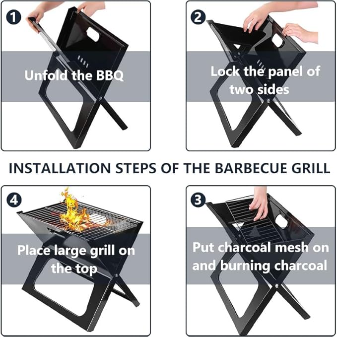 Protable Folding Barbecue Charcoal Grills,Small Tabletop Charcoal Grill with Stainless Steel Smoker BBQ for Outdoor Barbecues,Camping,Garden,Beach Party,Picnics - Black,kkk