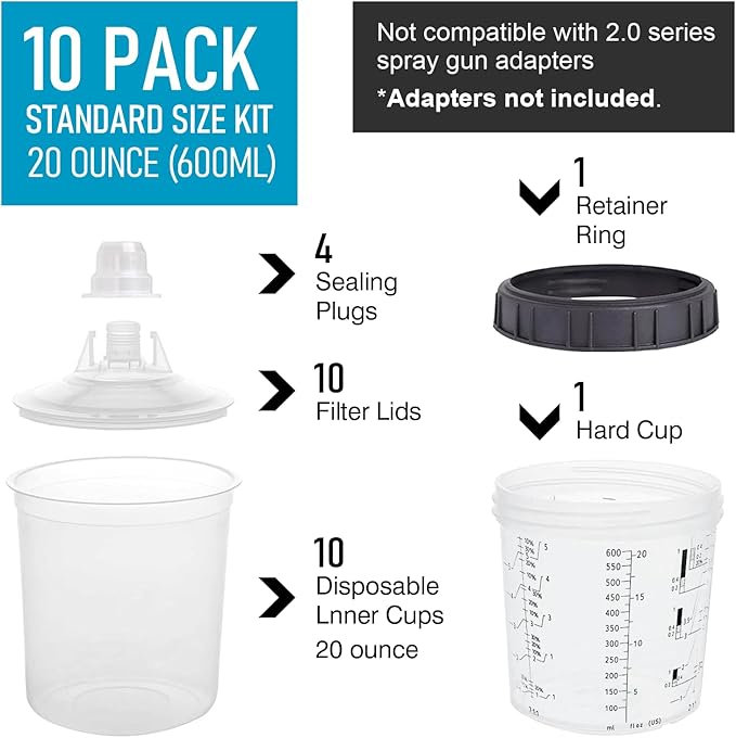 Disposable Paint Sprayer Mixing Cup for Automotive Paint Gun,Compatible with Original 1.0 System(not 2.0)-10pcs 20 Ounce Kit-10 Cup Liners,10 Lids with Strainer,1 Hard Cup with Retainer Ring,4 Plugs