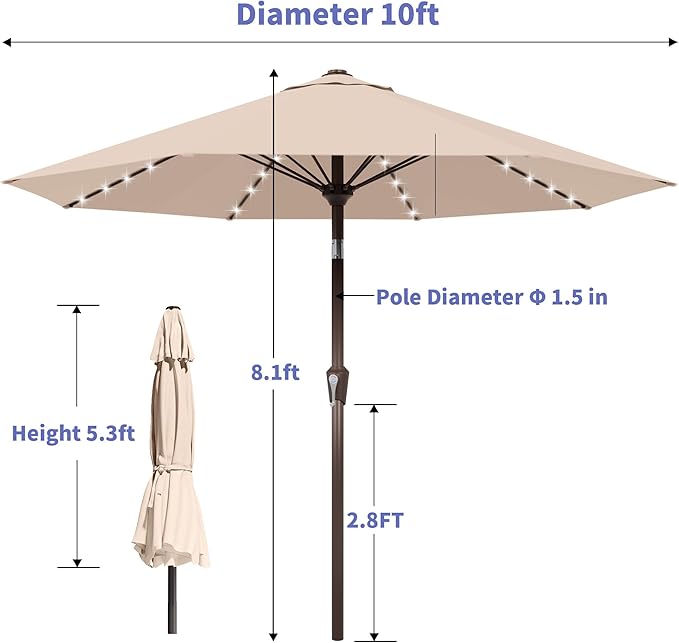 Kingdura 10FT Outdoor Patio Umbrella with Solar Lights, Market Table Umbrella with Push Button Tilt & Crank, 8 Sturdy Ribs, 32 LED Lights, UV Protection for Garden Lawn Deck Backyard Pool (Beige)