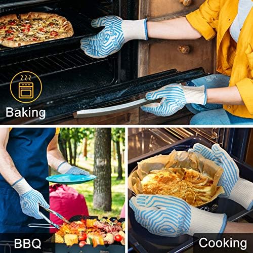 QUWIN BBQ Gloves, Oven Gloves 1472℉ Extreme Heat Resistant, Grilling Gloves Silicone Non-Slip Oven Mitts, Kitchen Gloves for BBQ, Grilling, Cooking, Baking-1 Pair… (Blue, One Size Fits Most)