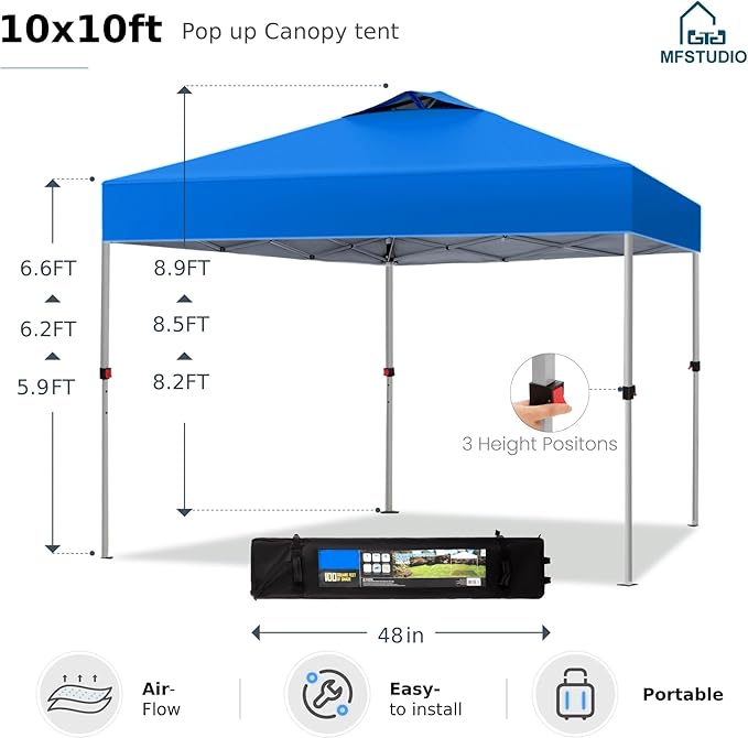 MFSTUDIO Pop up Canopy Tent,10x10ft Footprint Canopies, Gazebo Shelter Sun Shade Waterproof Patio Popup Tents, for Beach,Parties,Camping