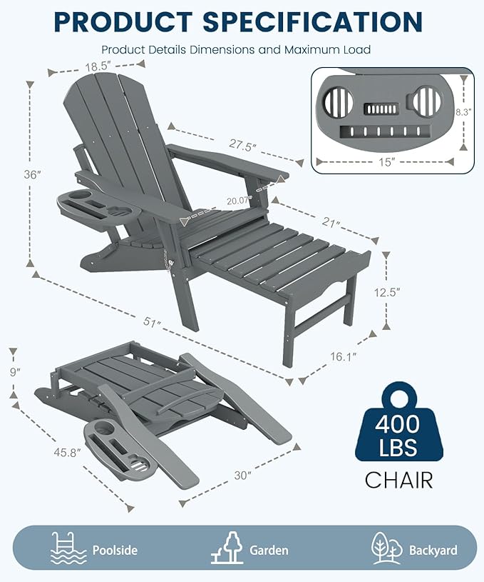 FOOWIN Folding Adjustable Adirondack Chair with Retractable Ottoman Set of 2, HDPE Adirondack Chair w/4 in 1 Cup Holder Trays,All-Weather Resistant Fire Pit Chair for Outdoor Patio Lawn, Grey