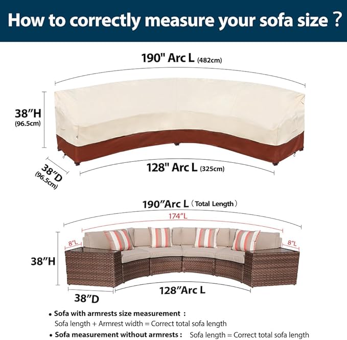 Curved Patio Furniture Covers-Outdoor Patio Furniture Sectional Covers Waterproof Reinforced Rip-Stop Anti-UV 600D Heavy Duty Outdoor Couch Cover with 3 Air Vent Sofa Cover 190"(128")