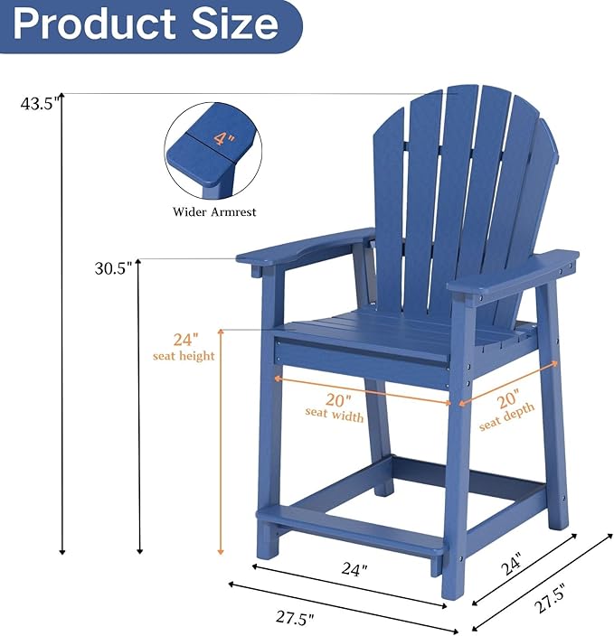 OTSUN Tall Adirondack Chair, HDPE Weather Resistant Outdoor Chair for Garden, Backyard, Poolside, Capacity 400LBS (1 PC, Navy Blue)